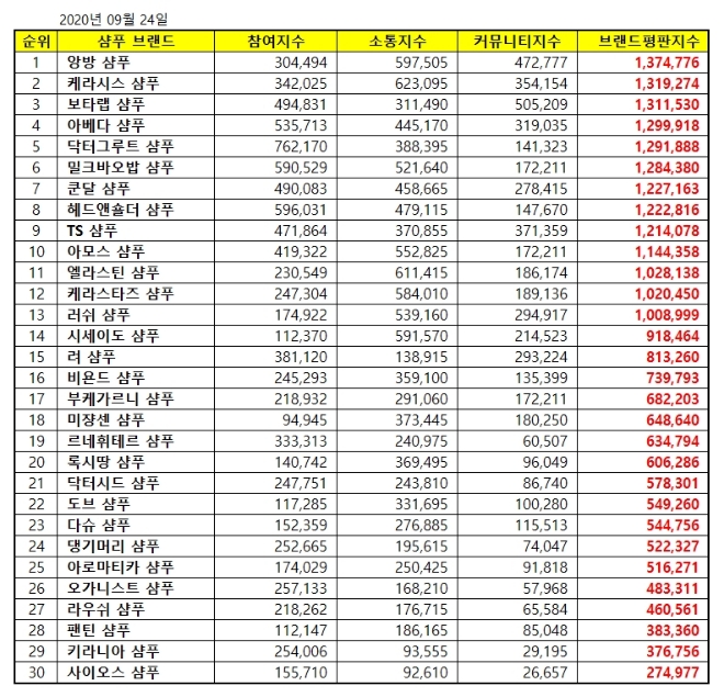 샴푸 브랜드평판 9월 빅데이터 분석 1위는 앙방 샴푸
