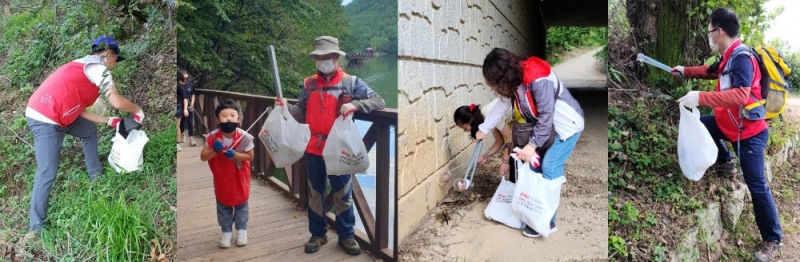 (사진=BNK경남은행) BNK경남은행 임직원과 가족들이 26일과 27일, 창원시 팔룡산공원, 봉암저수지, 장복산, 숲속나들이길 등을 찾아 '플로깅 봉사활동'을 하고 있다.