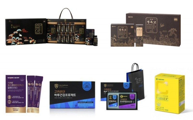 (왼쪽 위부터 시계방향으로 현대약품 흑생, 부광약품 부광 경옥고, 대웅제약 대웅비타C,고려은단헬스케어 하루건강프로젝트, 일동제약 지큐랩 포스트바이오틱스 RHT)