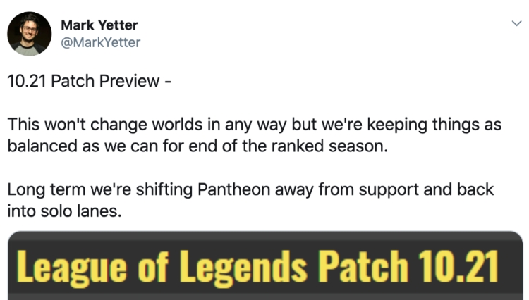 LoL 리드 게임플레이 기획자 'Scruffy' 마크 예터가 10.21 패치 리스트를 공개했다(사진=마크 예터 SNS 발췌).