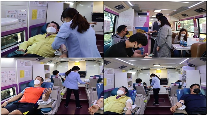 성북구도시관리공단, 박근종 이사장(왼쪽)과 임직원이 헌혈행사에 참석하고 있다.