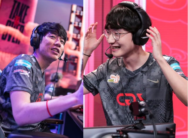 LGD 게이밍의 한국 용병인 '크레이머' 하종훈(왼쪽)과 '피넛' 한왕호가 8강까지 행보를 이어가지는 못했다(사진=라이엇 게임즈 제공).