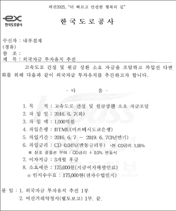 미쓰비시은행과 대출계약 체결을 위한 내부결재 공문(한국도로공사)