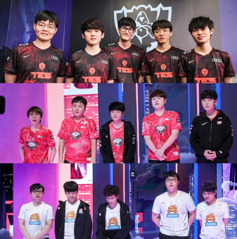 롤드컵 8강 진출에 성공한 LPL 팀. 위부터 톱 e스포츠, 징동 게이밍, 쑤닝 게이밍(사진=라이엇 게임즈 제공).