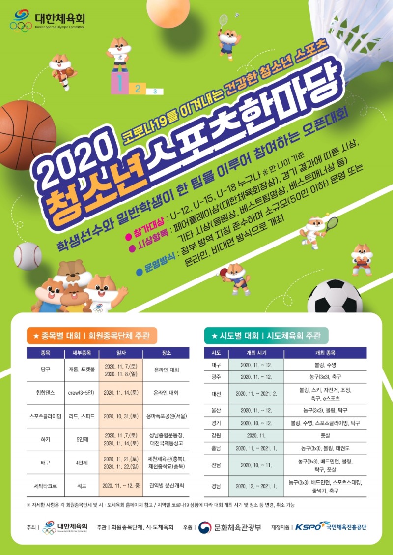 대한체육회, 코로나19를 이겨내는 건강한 청소년스포츠 2020년 '청소년스포츠한마당 대회' 개최