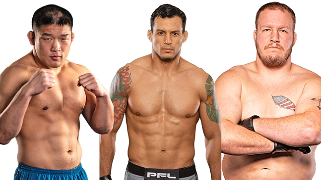 2019 PFL6에 출전한 올림픽 유도 금메달리스트 이시이, 주짓수 세계챔피언 마갈량이스, 미국대학레슬링 준우승자 로숄트(왼쪽부터). 사진=Professional Fighters League 제공