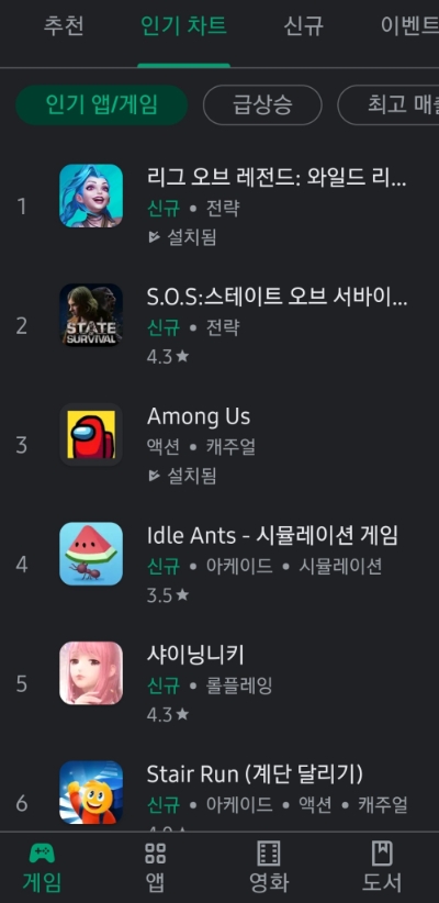 구글 플레이 인기 게임 앱 순위(29일 현재).