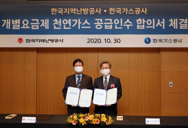 협약식 모습. 왼쪽이 한국지역난방공사 황창화 사장, 오른쪽이 가스공사 채희봉 사장.