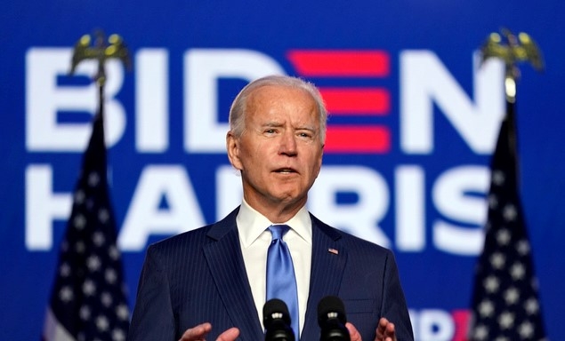 6일(현지시간) 조 바이든 미국 민주당 대선 후보가 델라웨어주 웰밍턴에서 연설하고 있다. 그는 최종 승리 선언은 아직 하지 않겠다면서도 "우리가 이길 것"이라고 강조했다.