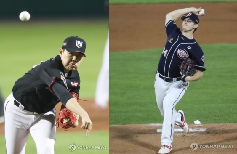 플레이오프 1차전에서 선발로 맞대결을 벌인 소형준(왼쪽)과 플렉센