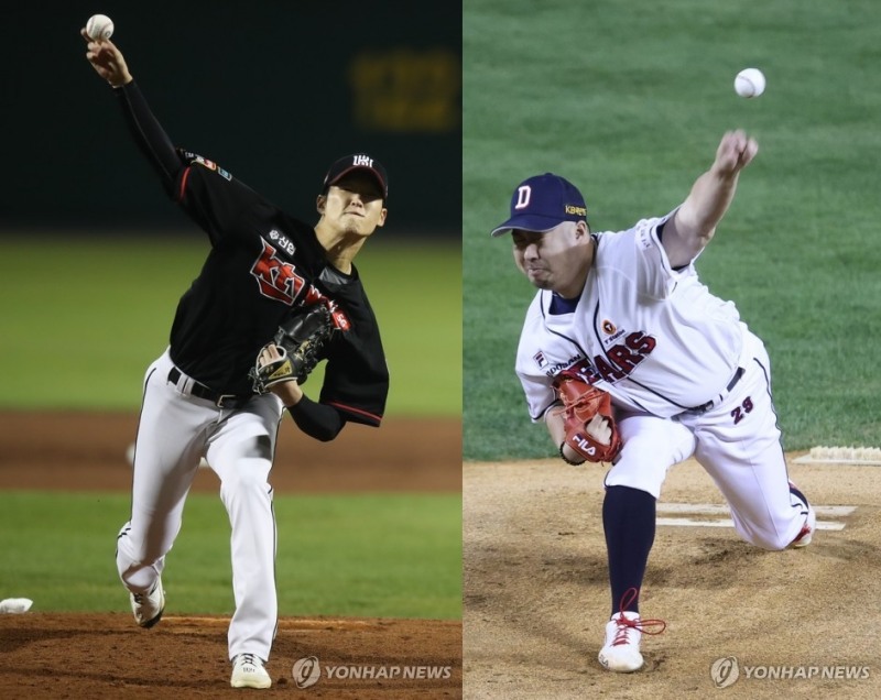 13일 고척 스카이돔에서 계속될 플레이오프 4차전에 선발로 나설 KT 배제성(왼쪽)과 두산 유희관.