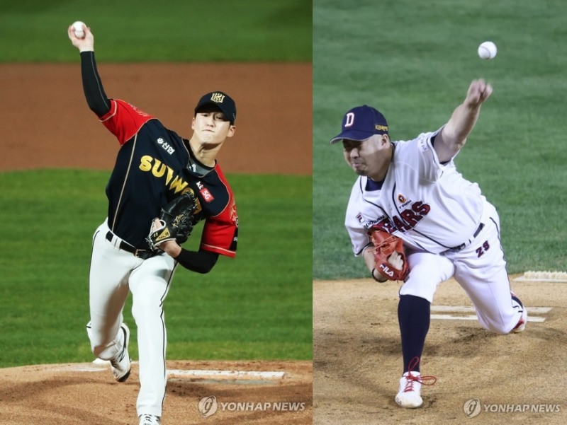 플레이오프전 전체 승부의 분수령이 될 4차전 선발투수로 나설 배제성(왼쪽)과 유희관(두산)
