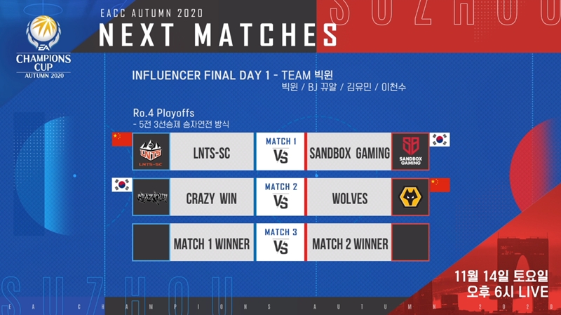 크레이지윈과 샌드박스는 오는 14일 오후 6시에 각각 울브즈와 산둥 루넝을 상대한다(사진=중계화면 캡처).