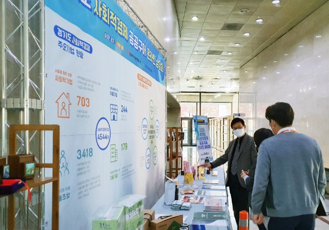 구매상담회 부대행사 물품 전시장(오른쪽에서 세번째 손을 든 이가 황창화 한국지역난방공사 사장)