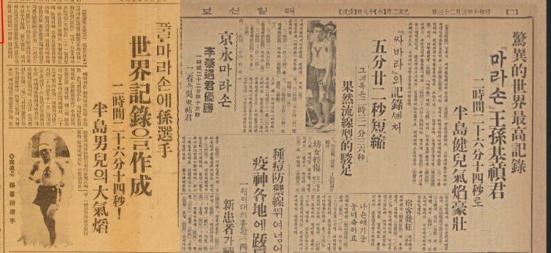 계최고기록을 수립을 보도한 1935년 4월 23일자 조선중앙일보(왼쪽)와 매일신보 기사