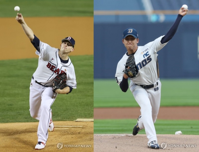 두산의 플렉센과 NC의 구창모(오른쪽)