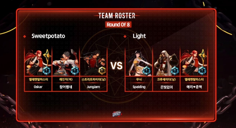 8강 1경기 스위트포테이토와 라이트의 출전 명단(사진=레벨업지지 트위치 생중계 화면 캡처).