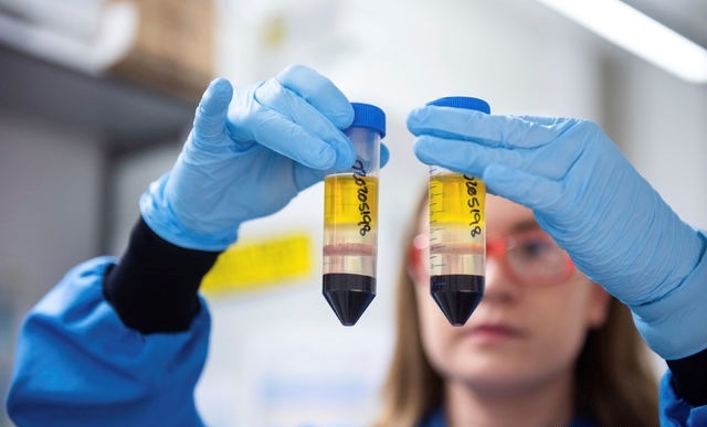 2020년 11월 영국 옥스퍼드대 제공 사진. 옥스퍼드대학 제너연구소에서 한 연구자가 아스트라제네카와 공동 개발한 코로나 19 백신을 들고 있다.