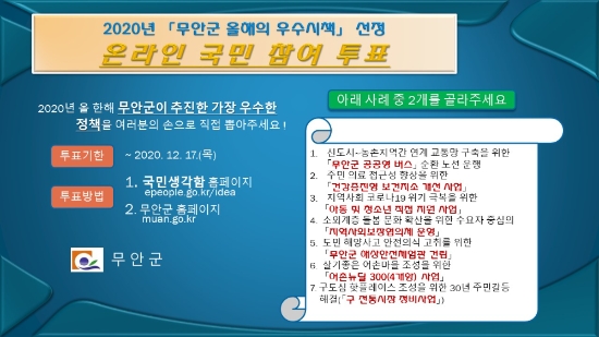 무안군은‘2020년 올해의 최우수 시책’선정을 위해 5일부터 17일까지 2주간 국민 참여 온라인 투표를 실시한다/사진=무안군