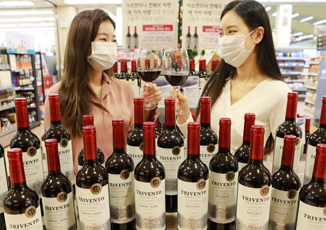 8일 중구 봉래동에 위치한 롯데마트 서울역점에서 여성 모델들이 롯데의 첫번째 시그니처 와인인 '트리벤토 리저브 말벡/까베네 말벡' 2종을 선보이고 있는 모습