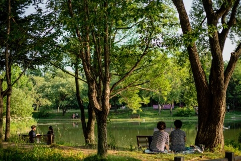 서울숲 중앙호수에서 휴식하고 있는 시민들