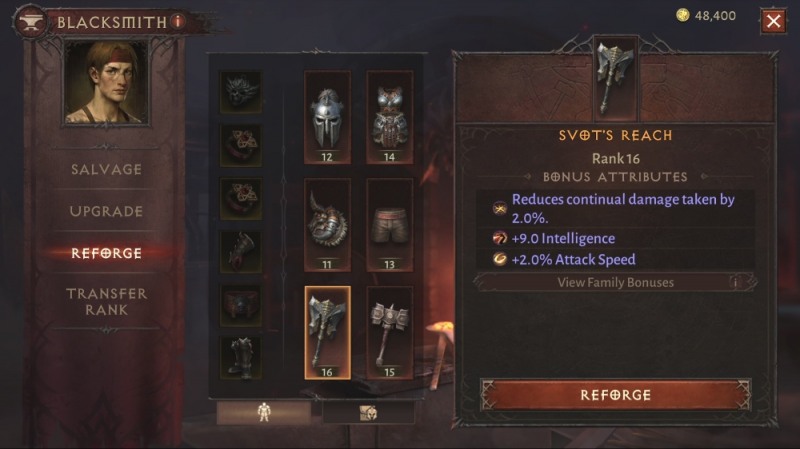 '디아블로 이모탈'에 적용된 아이템 재련 시스템. 무작위 보너스 옵션을 초기화하기 위해서는 유료 아이템 재련석이 필요하다.