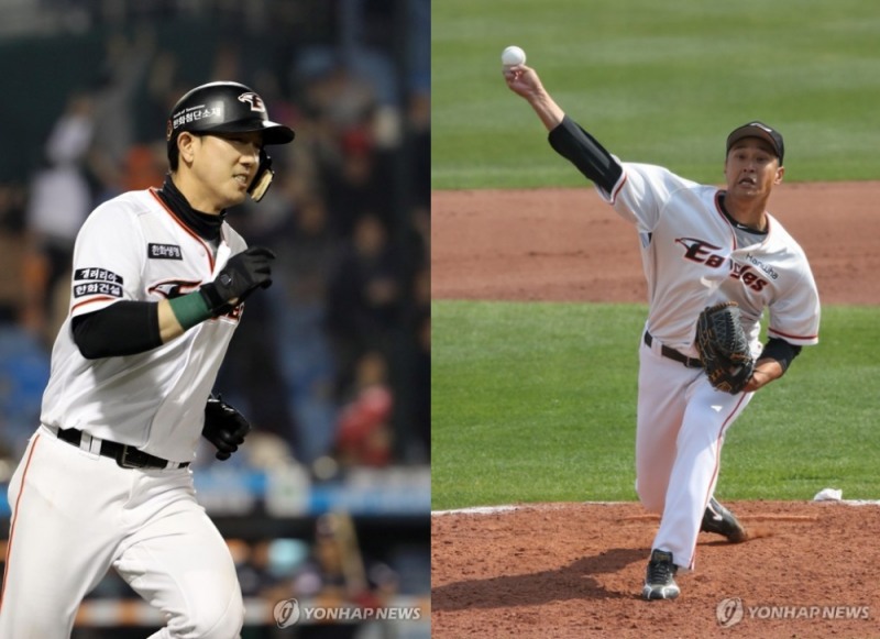 올시즌을 끝으로 현역생활을 마감하고 전력분석원으로 새로운 야구 인생에 도전장을 던진 윤규진(오른쪽)과 김회성