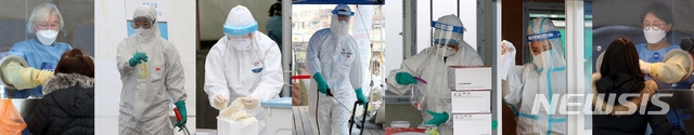 신종 코로나바이러스 감염증(코로나19) 신규 확진자가 사흘만에 1000명대로 올라선 23일 서울 각처에 마련된 코로나19 임시선별검사소에서 의료진과 현장지원 관계자들이 분주히 업무를 보고 있다.
