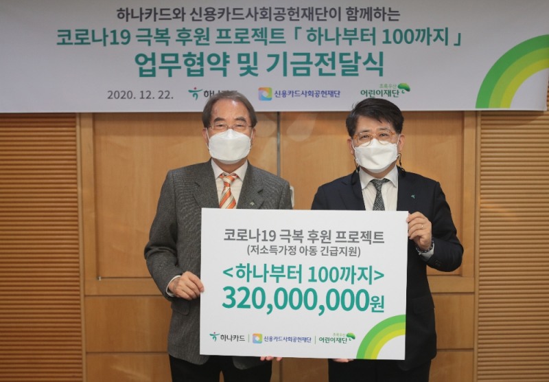 ▲ 장경훈 하나카드 사장(오른쪽)이 22일 서울시 중구 초록우산 어린이재단에서 열린 후원금 전달식에서 이제훈 초록우산 어린이재단 회장(왼쪽)과 기념촬영을 하고 있다.