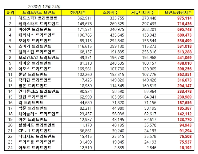 트리트먼트 브랜드평판 12월 빅데이터 분석 1위는 헤드스파7... 2위 케라스타즈,  3위 미쟝센 順