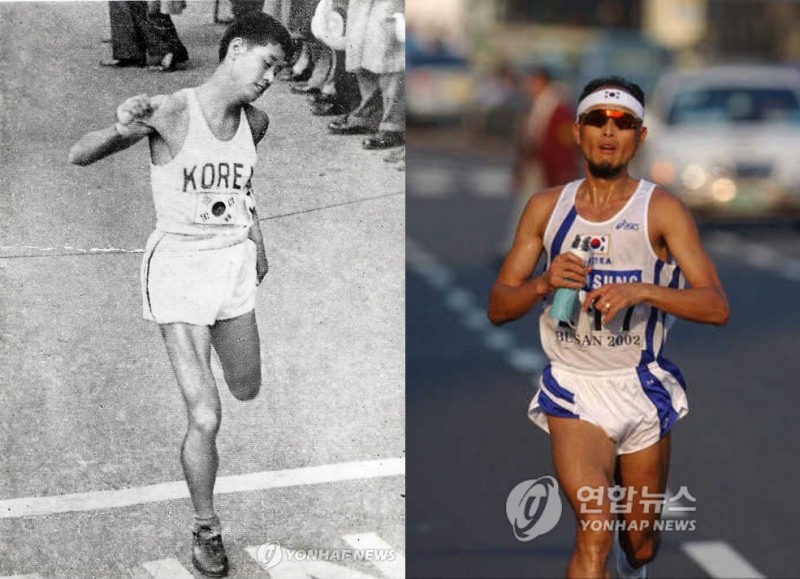 1950년 보스턴마라톤 우승자 함기용(왼쪽)과 2001년 우승자 이봉주