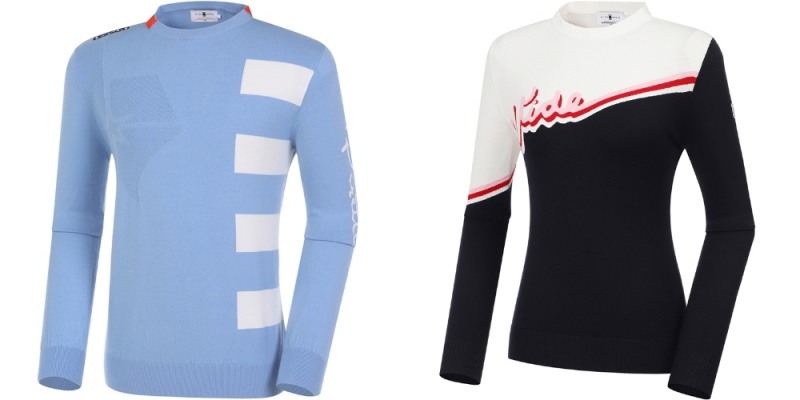 (왼쪽)남성 엘리트 피레티 성조기 풀오버 (오른쪽)여성 컨피던스 컬러블록 워딩 풀오버(사진=와이드앵글)