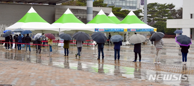 지난달 27일 오후 광주 서구 광주시청 광장(야외음악당)에 설치된 신종 코로나바이러스 감염증(코로나19) 임시선별검사소에서 시민들이 검사를 받기 위해 기다리 있다.