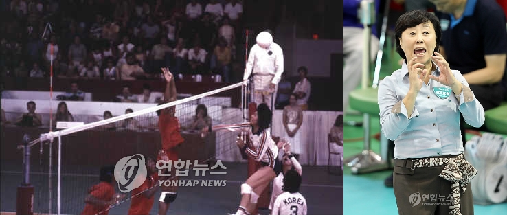 1976년 몬트리올 올림픽 여자배구 헝가리전(왼쪽). 당시 주전 공격수였던 조혜정 GS감독