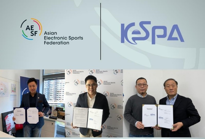 (왼쪽부터)세바스찬 라우(Sebastian Lau) AESF 사무총장, 케네스 포크(Kenneth Fok) AESF 회장, 김철학 한국e스포츠협회 사무총장, 김영만 한국e스포츠협회 회장