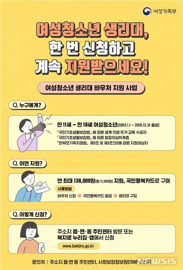 여성가족부는 저소득층 여성 청소년을 위한 생리대 구매권(바우처) 지원사업 신청을 올해 1월부터 12월15일까지 진행한다고 17일 밝혔다. (자료=여성가족부 제공).