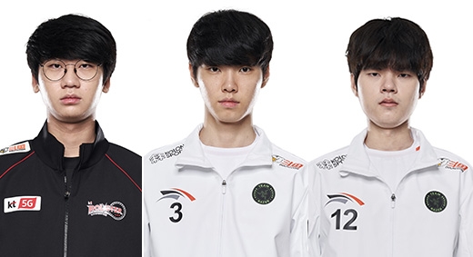 DRX에서 동료로 활약했던 (왼쪽부터)kt 롤스터 '도란' 최현준, 한화생명 '쵸비' 정지훈과 '데프트' 김혁규(사진=LCK 제공).