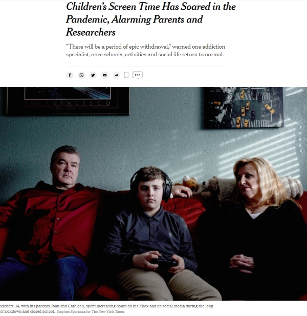 뉴욕타임즈는 16일 학부모와 전문가들이 팬데믹 기간 동안 아이들의 게임 및 어플리케이션 이용 시간(Screen Time)의 급격한 증가에 대해 경고하고 나섰다고 보도했다(사진=뉴욕타임즈 홈페이지 캡처).