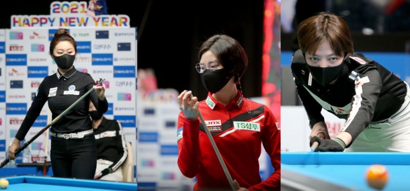 16강에 오른 전챔피언 김가영, 이미래, 임정숙(왼쪽부터).사진=PBA제공