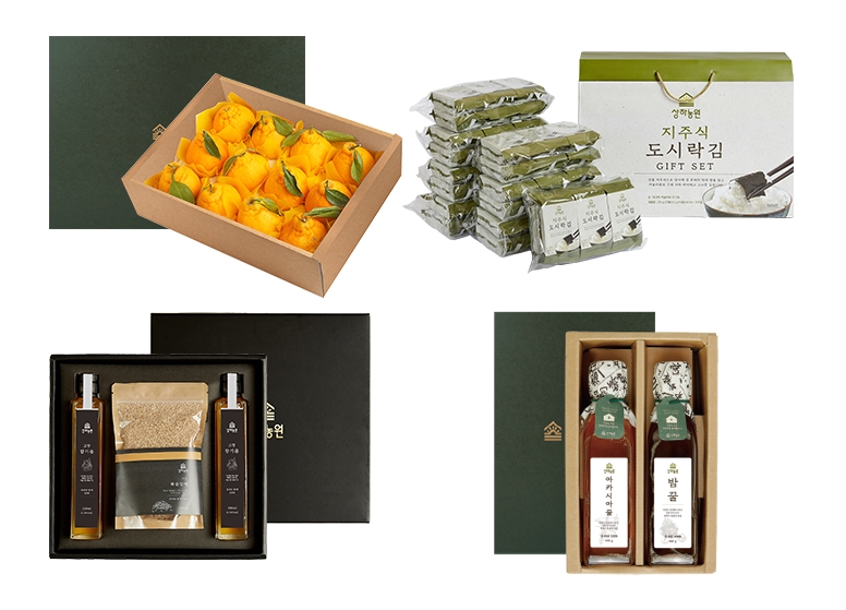 사진 제공 : 상하농원 (시계방향으로) 고창 유기농 한라봉 세트, 지주식 김 세트, 꿀 선물세트, 고창 참기름 참깨 세트