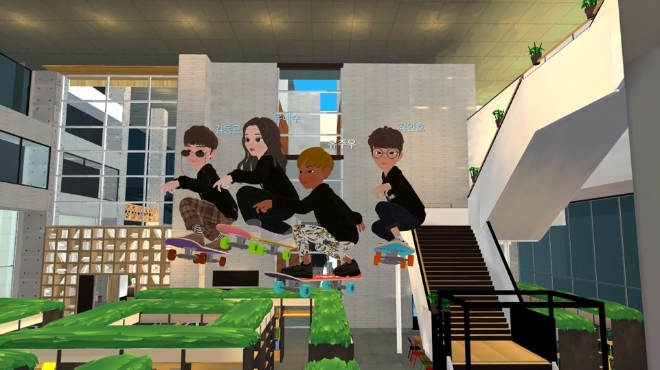 네이버 사옥인 그린팩토리를 동일하게 재현한 가상 사옥에서 신입사원들이 팀별 기념촬영을 진행했다 / 사진 제공 네이버