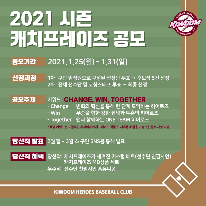 ''Change, Win, Together'를 주제로 하는 캐치프레이즈 팬 공모--키움, 오는 31일까지