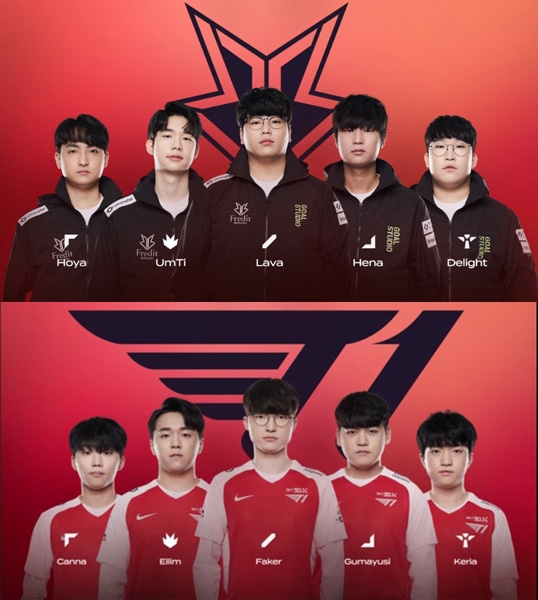 담원 기아를 꺾은 프레딧 브리온(위)과 시즌 3연패를 기록 중인 T1(사진=LCK 중계 화면 캡처).