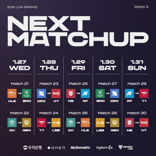 LCK 2021 스프링 3주차 일정(사진=LCK 공식 SNS 발췌).