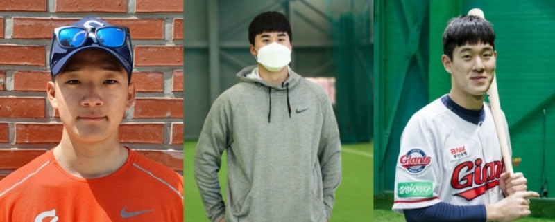 신인으로 1군 스프링캠프에 참가하는 두산 안재석(왼쪽), 키움 장재영(가운데)과 롯데 나승엽(오른쪽)