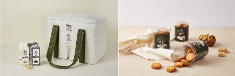 매일두유X알비백 기획 패키지(좌), 밀가루와 설탕 없이 만든 무화당 호두크림쿠키