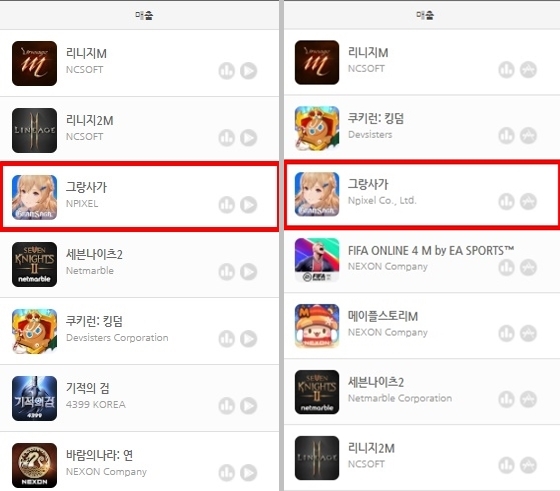 '그랑사가'는 3일 기준 구글 매출 3위(왼쪽), 애플 매출 3위를 기록하며 초반 순항을 이어가고 있다.