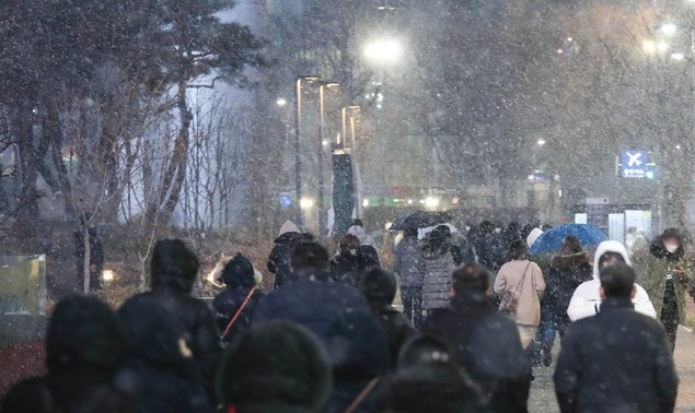 서울 지역에 대설주의보가 발효된 지난 3일 오후 서울 강남구 삼성역 인근에서 시민들이 걷고 있다.