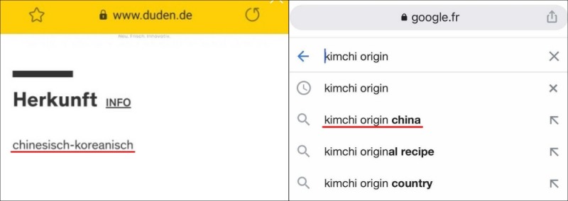 독일 대표 어학사전인 Duden에서 김치 검색시 유래가 '중국-한국'으로 표기된 모습(좌), 각 나라별 한인 네티즌들은 구글에서 'Kimchi Origin'을 검색할 때 자동완성 기능으로 'Kimchi Origin China'가 상단에 검색되는 것이 아직도 문제라며 이를 바꾸기 위한 노력들이 필요하다고 강조(우)