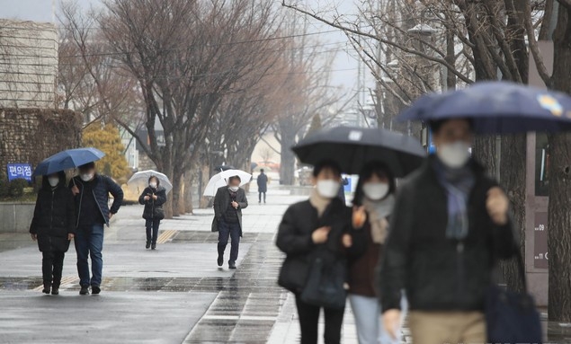 서울 지역에 비가 내리고 있는 지난달 21일 오후 서울 종로구 세종문화회관 앞에서 우산을 쓴 시민들이 걷고 있다.